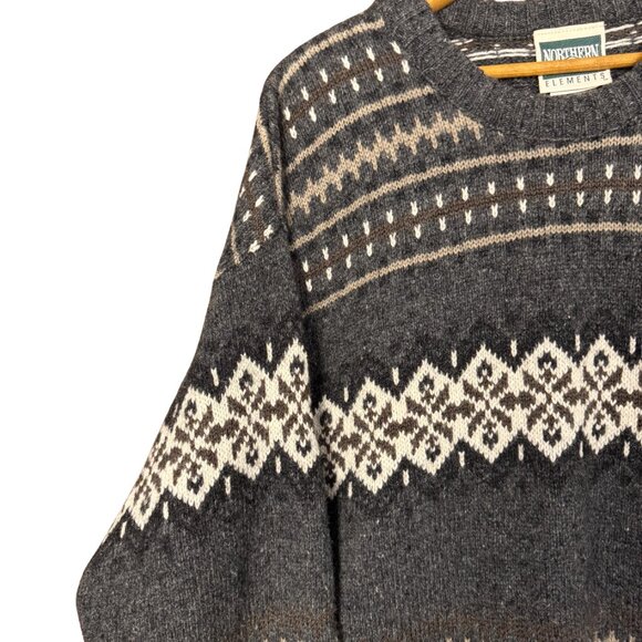 Vintage Wool Blend Grandpa Sweater Gray Fair-isle Knit Cabincore Nordic Chunky - Picture 4 of 9